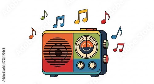 Vintage radio vector illustration with colorful music notes for retro audio broadcasting and entertainment design