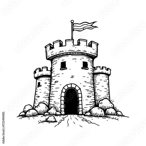 Whimsical hand drawn fortress with flag, stones, and fortified walls in black and white medieval