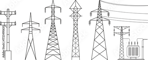 Electric power transmission towers with overhead lines and substation, technical blueprint style vector illustration for energy, utility, engineering, and infrastructure design.