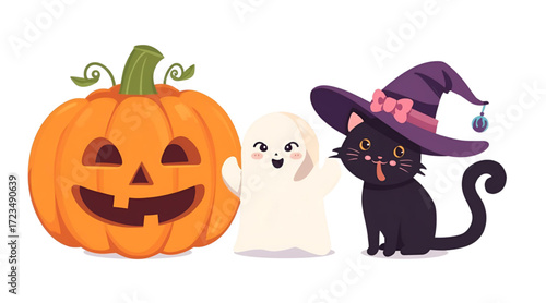 Cute Halloween pumpkin ghost and black cat illustration