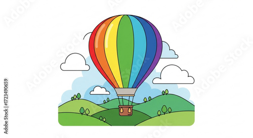 A colorful hot air balloon soars over rolling green hills, a whimsical journey into the sky