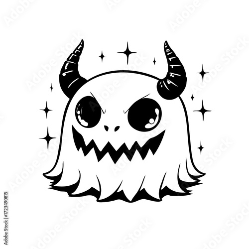 Whimsical horned sprite vector illustration evoking playful darkness with sparkling star accents
