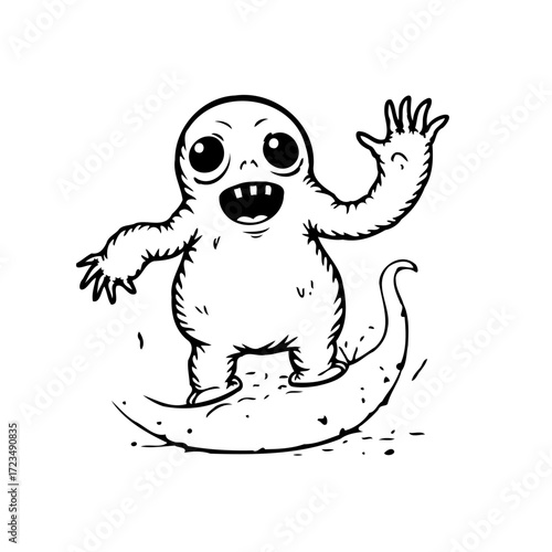 Whimsical illustration of a friendly monster waving while surfing on a stylized crescent moon