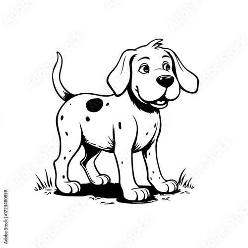 Whimsical illustration of a playful spotted puppy exploring its surroundings with wide-eyed