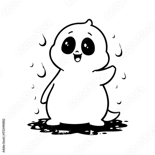 Whimsical ink character playfully waving in a bubbly puddle illustration delightful and cheerful art