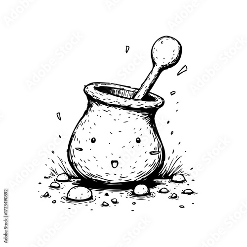 Whimsical illustration of a smiling potion jar with a spoon surrounded by pebble like ingredients