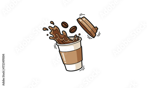 
Dynamic vector illustration of a to-go coffee cup with a coffee splash and beans, with the lid flying off. A lively, hand-drawn graphic ideal for cafe branding and menus.