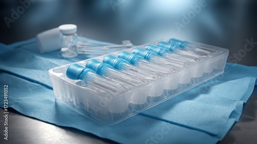 Medical Kit with Plastic Vials and Droppers on Blue Surgical Cloth