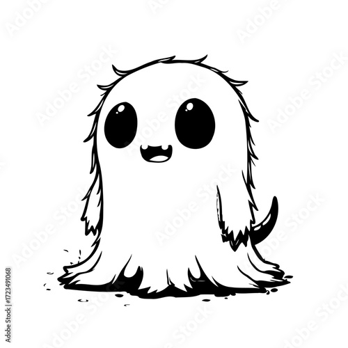 Whimsical monochrome drawing featuring a friendly ghost character with playful expression for a