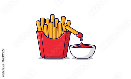 
Cartoon vector illustration of a red box of French fries with one fry dipping into a bowl of ketchup. This fun, isolated graphic is perfect for fast food menus and apps.