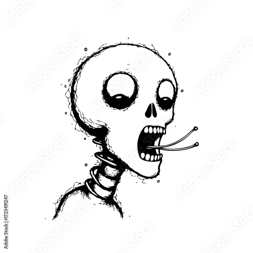 Whimsical monochrome skull illustration with protruding wires and expressive features offers a