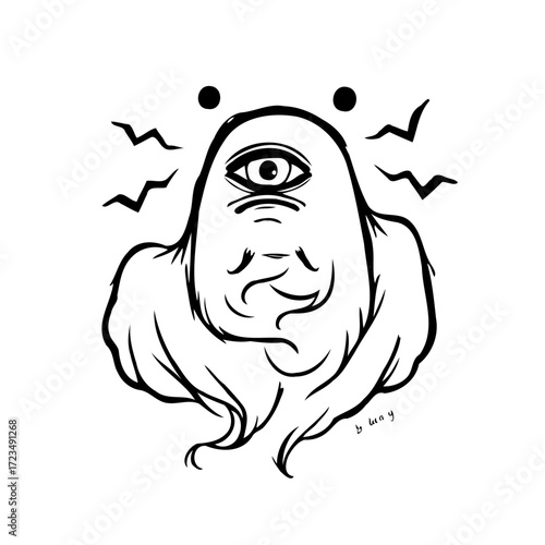Whimsical one eyed doodle character with flowing features in monochrome artistic illustration