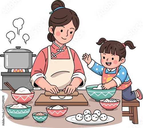 Mother and daughter making traditional Chinese dumplings together
