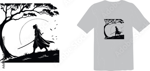 Silhouette of a Samurai Warrior on a Hill at Sunrise t shirt design