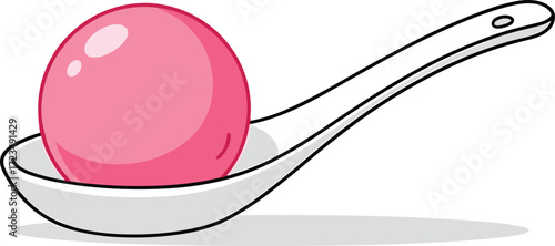 Pink Tangyuan on Spoon - Vector Illustration