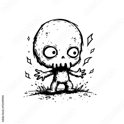 Whimsical skeletal figure a hand-drawn illustration conveying quirky character with expressive