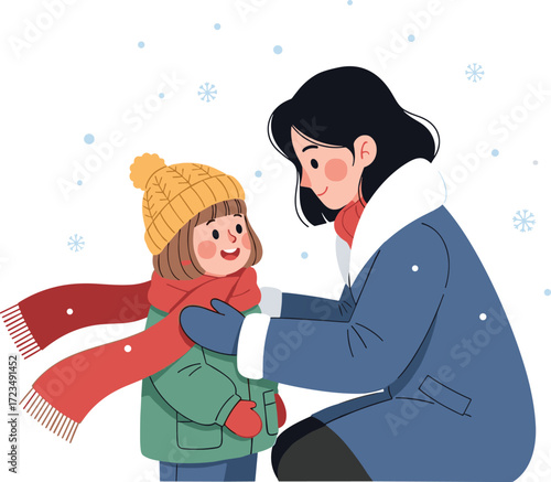 Mother dresses child warmly in winter scarf with snowflakes falling