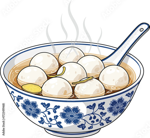 Hot Tangyuan in Decorative Blue and White Porcelain Bowl with Spoon