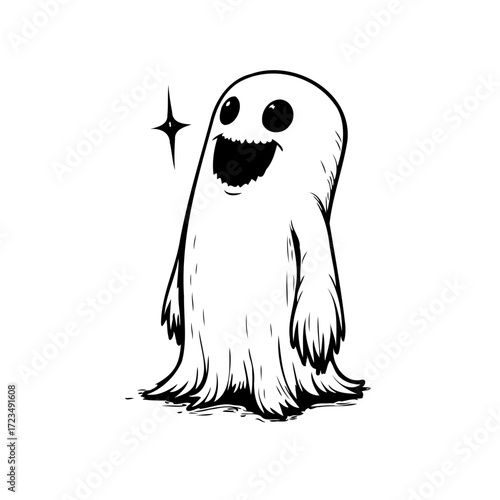 Whimsical spectral character illustration a playful cartoon ghost with sparkling aura in simple