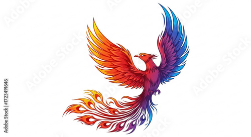Phoenix bird illustration rising from ashes colorful wings mythical creature fire bird vector graphic design art