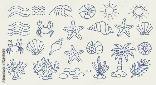 A charming collection of hand-drawn vintage summer icons, featuring sea life, shells, and beach elements in a linear doodle style