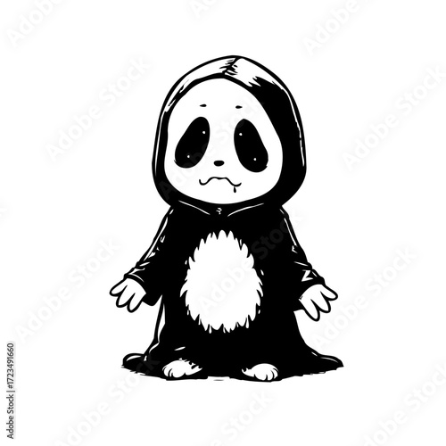 Whimsical spectral panda illustration isolated on white canvas evokes playful spooky emotions for