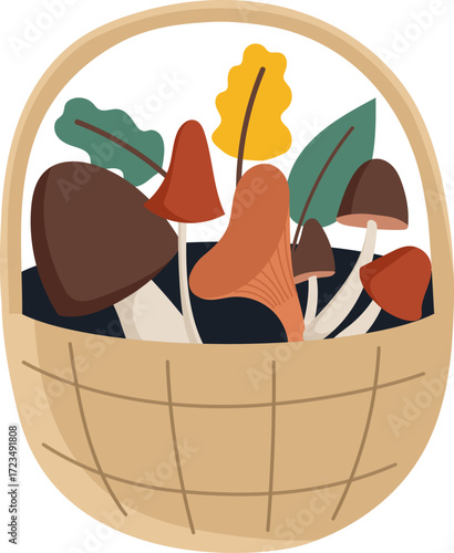 Basket overflowing with mushrooms and autumn leaves