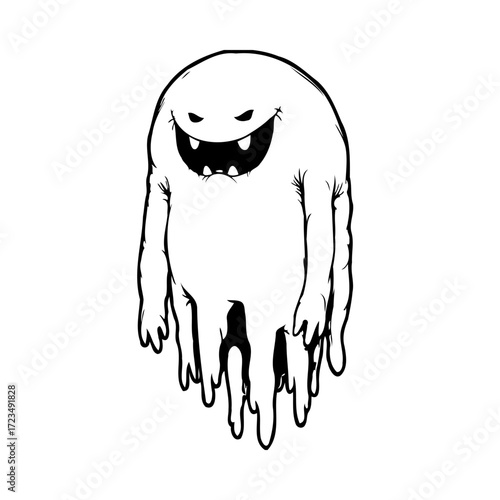 Whimsical spooky blob with dripping form floating playfully on a stark white expanse creating an