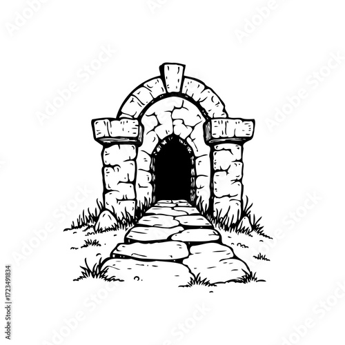 Whimsical stone archway entrance leading to an unknown destination with cobblestone path and