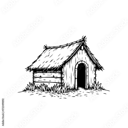 Whimsical thatched dwelling a simple woodcut style illustration rural hideaway drawing sketch