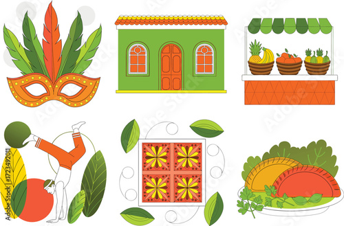 Colorful Brazilian Carnival Icons with Food and Culture