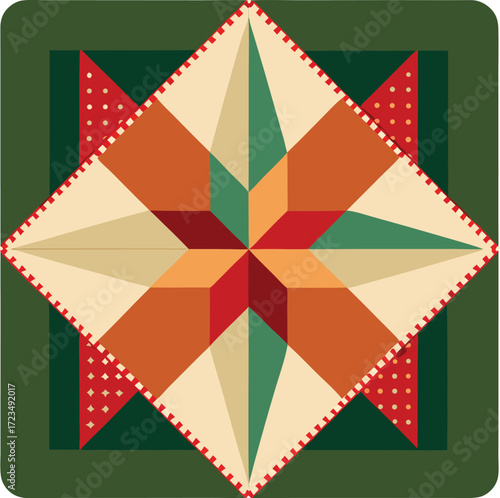 Vector art of a geometric quilt block pattern featuring a compass rose or star design in warm colors like orange, red, and cream, set against a dark green background