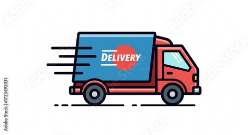 A red delivery truck with the word delivery on the side the truck is moving quickly and has a red circle on the side