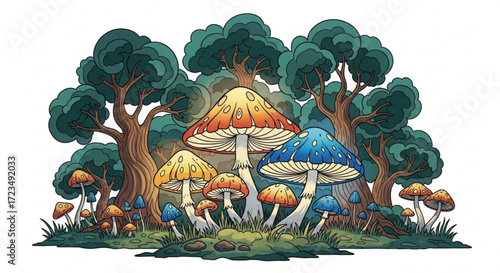Whimsical mushroom forest illustration with colorful fungi and lush trees, creating a magical and enchanting scene