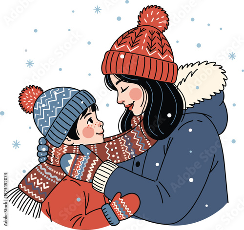 Mother and child embracing in winter, wrapped in scarves and hats
