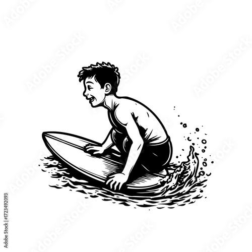 Young surfer catches a wave black and white illustration depicting joyful beach lifestyle summer