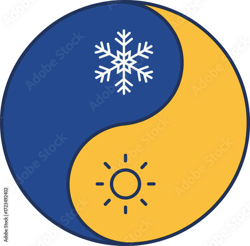 Yin Yang Symbol with Snowflake and Sun, Representing Balance