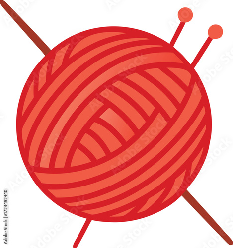 Vector art of a bright red ball of yarn with knitting needles, isolated on a, symbolizing crafts, hobbies, and creativity