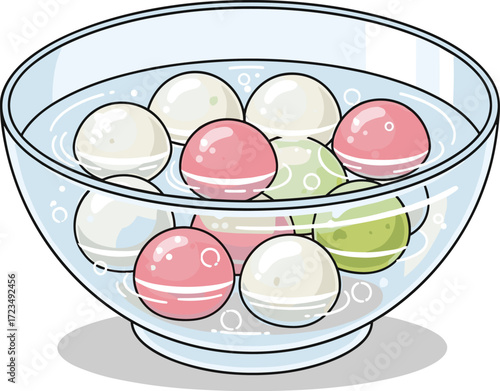 Colorful Tangyuan Dessert in a Glass Bowl