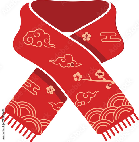 Red Scarf with Chinese Cloud and Flower Motifs