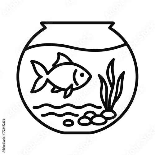 Goldfish swimming in a round fishbowl with plants and pebbles  