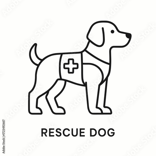 Line art of rescue dog with medical cross symbol on harness  