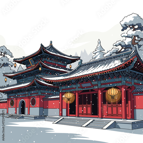 Traditional Chinese Temple in Winter Snowfall