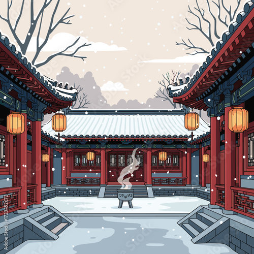 Traditional Chinese courtyard in winter snow with lanterns