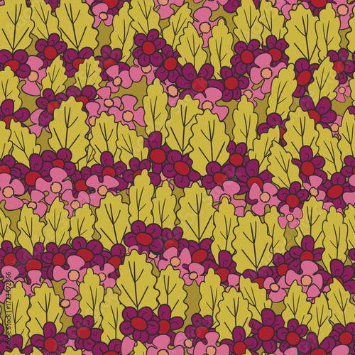 Seamless floral pattern based on traditional folk art ornaments. Colorful flowers on color background. Scandinavian style. Sweden nordic style. Vector illustration. Simple minimalistic pattern.