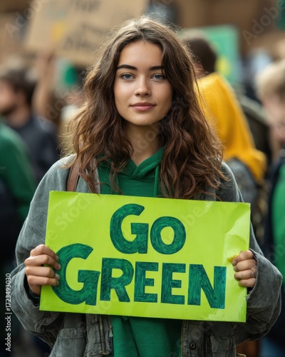 Go Green: Portrait of a young woman at a rally, holding a sign with the words Go Green with determination in her eyes, symbolizing a stand for environmental conservation.