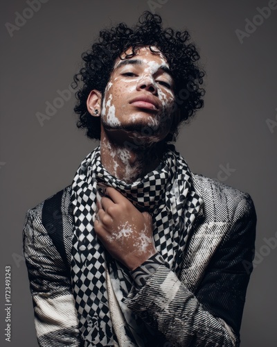 The Art of Self-Expression: A striking portrait of an individual, adorned with artistic makeup and draped in a fashionable scarf.