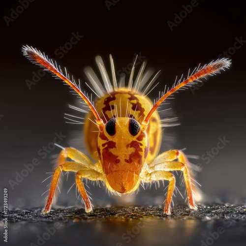 Close-up of a Yellow Springtail Insect with Spikes and Antennae.