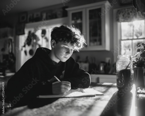 Monochromatic Study: A young person, engrossed in a study session, diligently writing on a sheet of paper, illuminated by the soft light, captured with a timeless, monochromatic appeal.