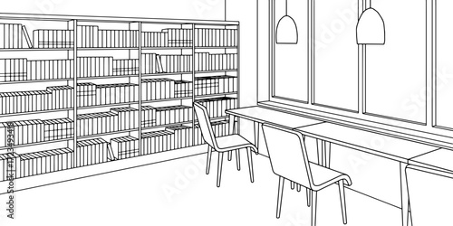 Library interior graphic black white modern sketch illustration vector 